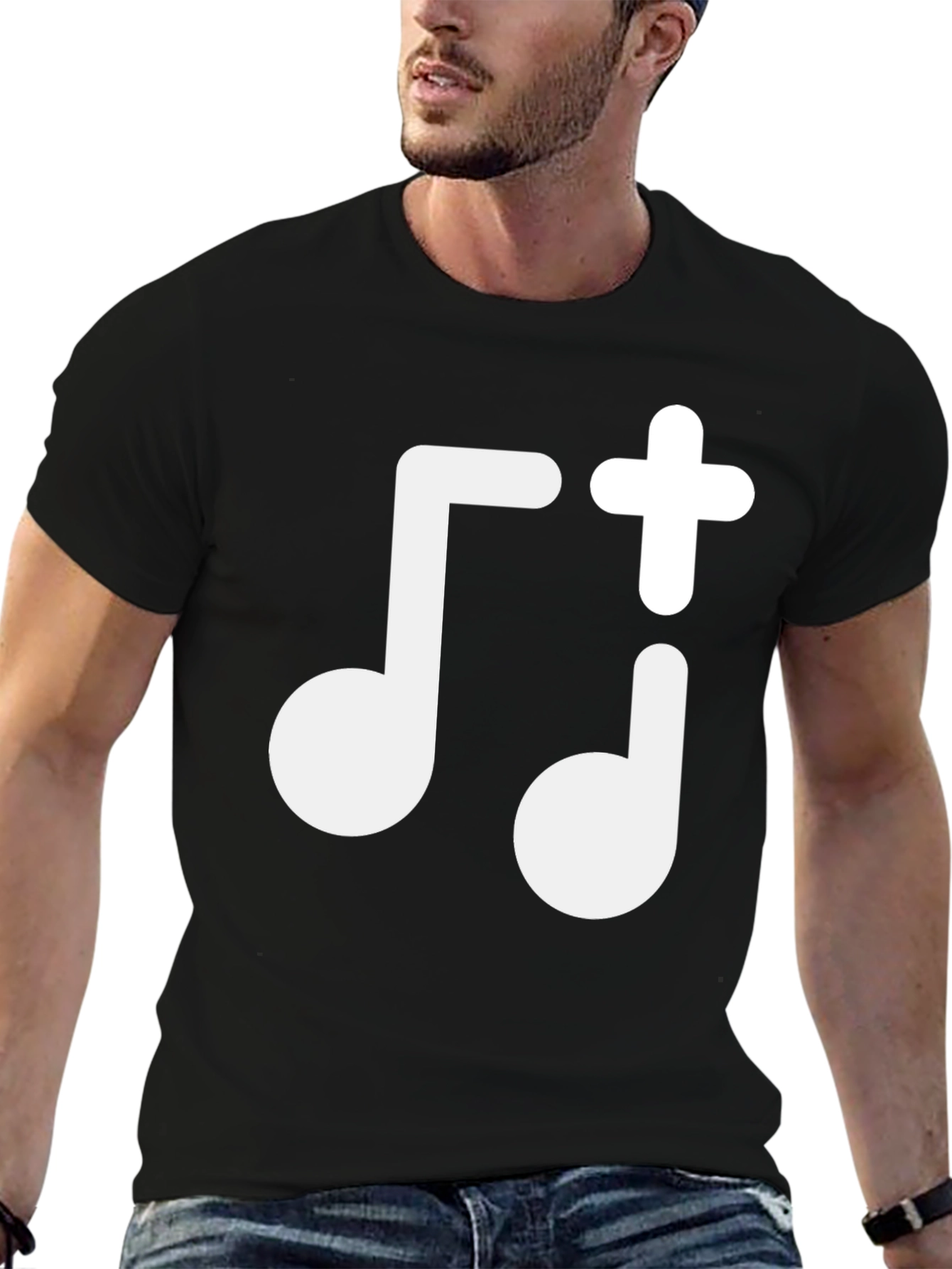 Music Note Plus Sign Black T-Shirt