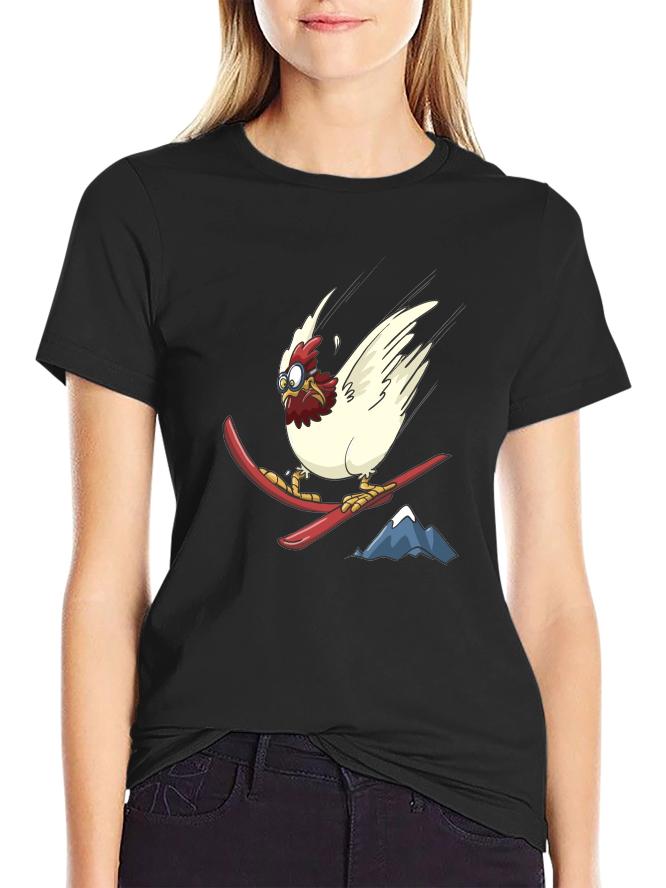 Skiing Chicken Graphic Tee - Unisex Black T-Shirt
