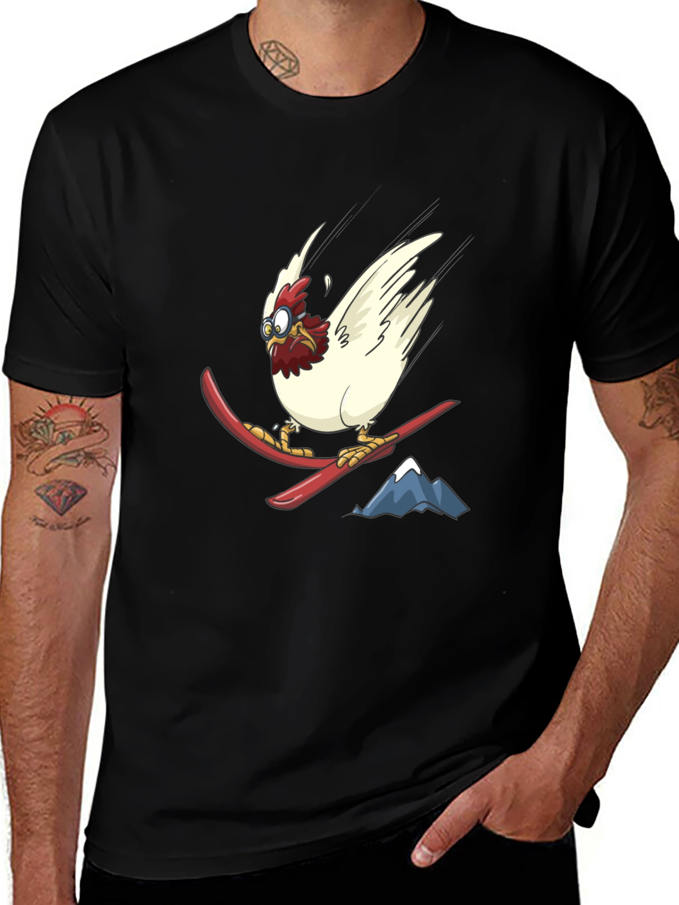 Skiing Chicken Graphic Tee - Unisex Black T-Shirt