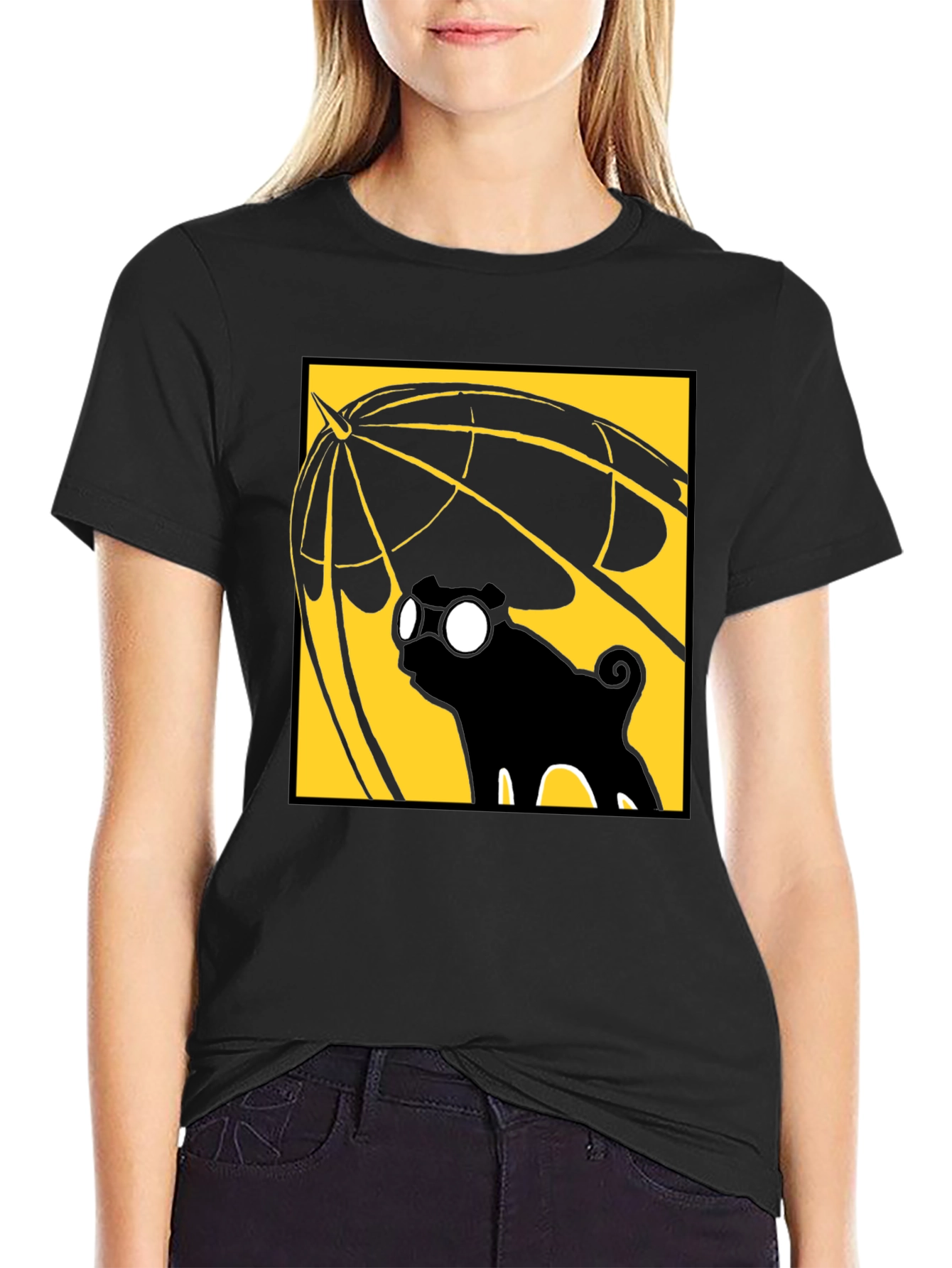 Umbrella Pug Graphic T-Shirt - Black