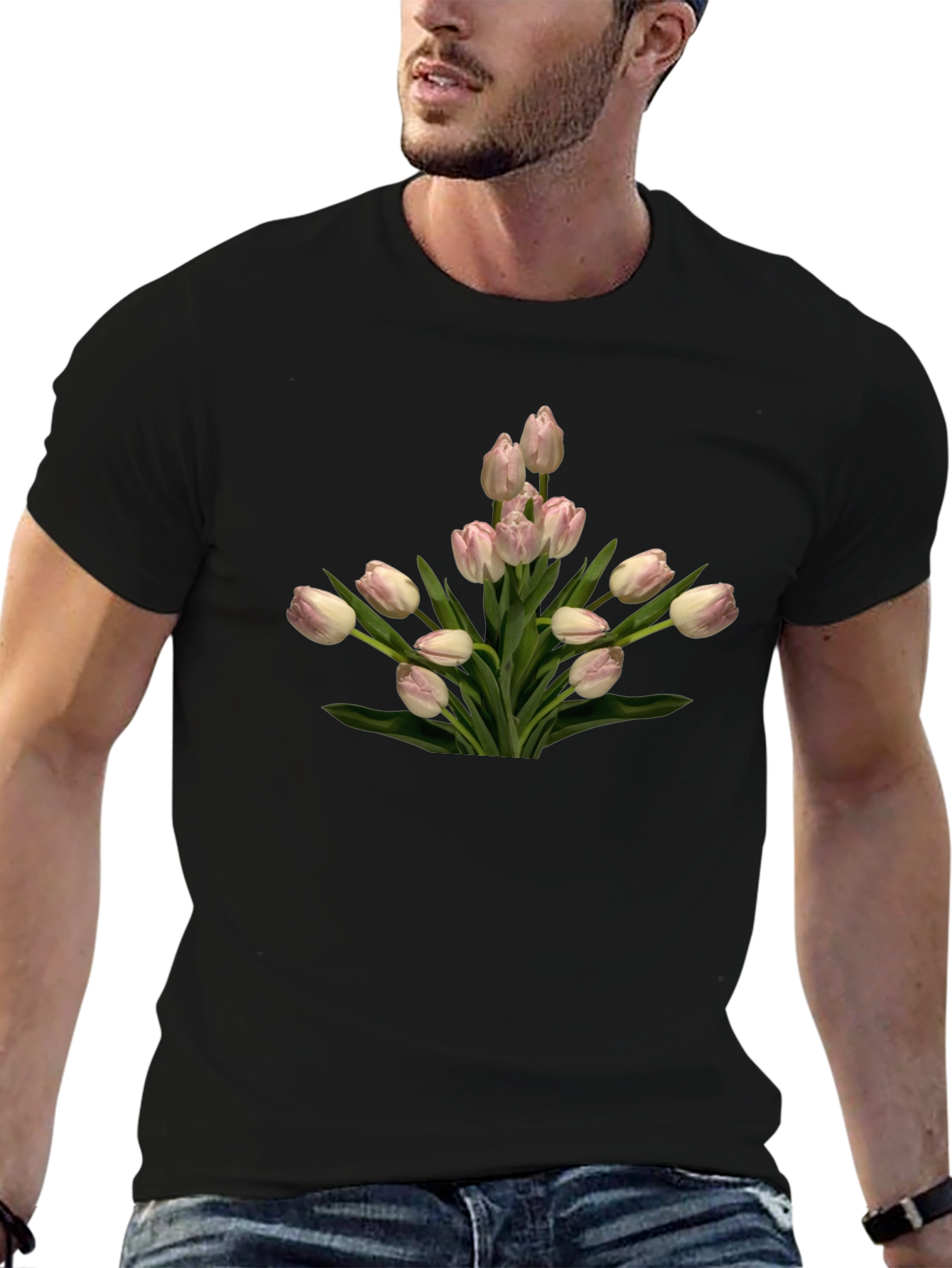 Tulip Bouquet Graphic Tee - Black Cotton T-Shirt