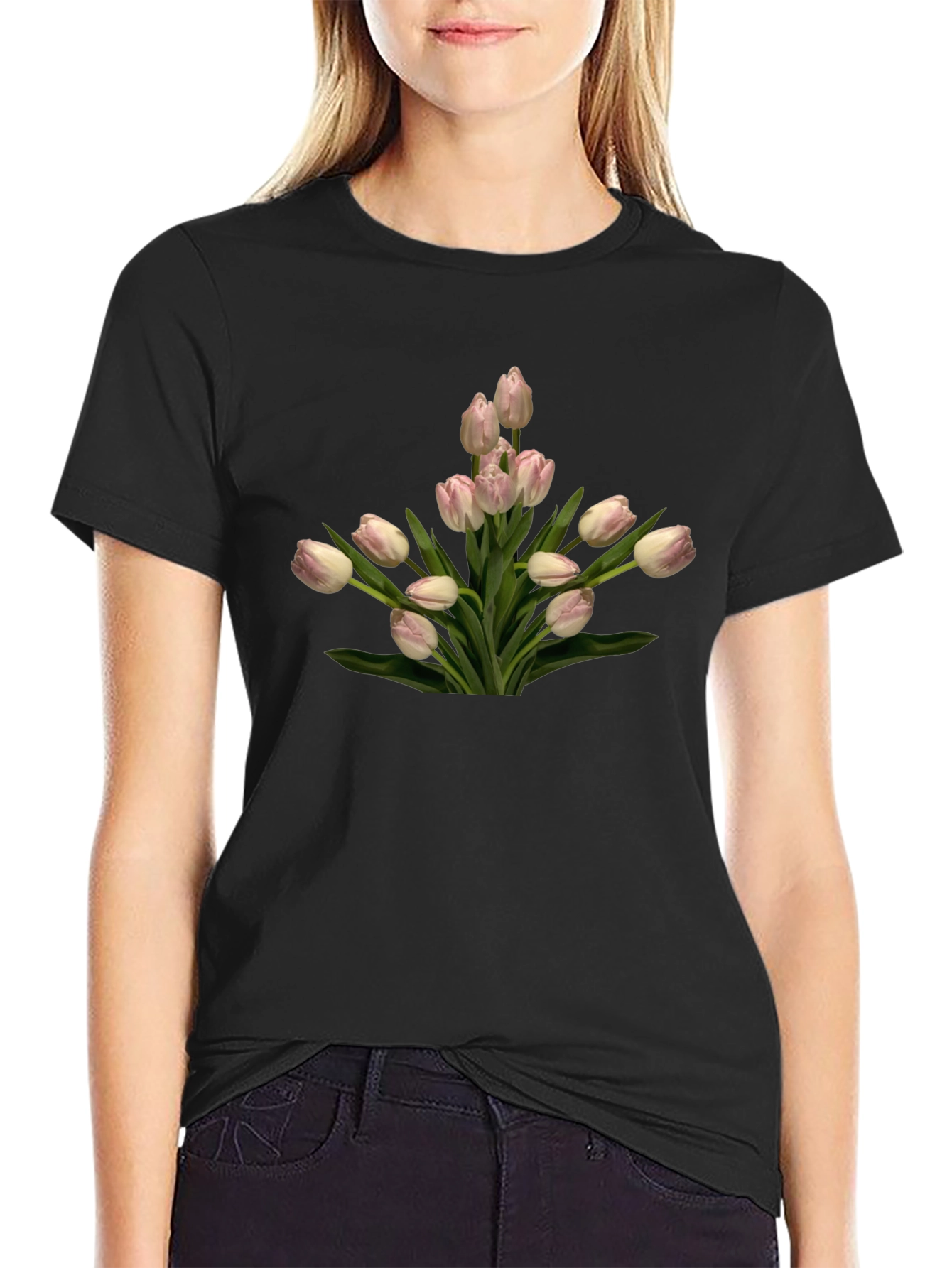 Tulip Bouquet Graphic Tee - Black Cotton T-Shirt