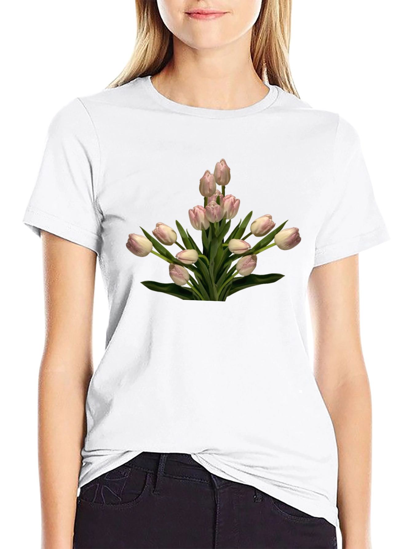 Tulip Bouquet Graphic Tee - Black Cotton T-Shirt