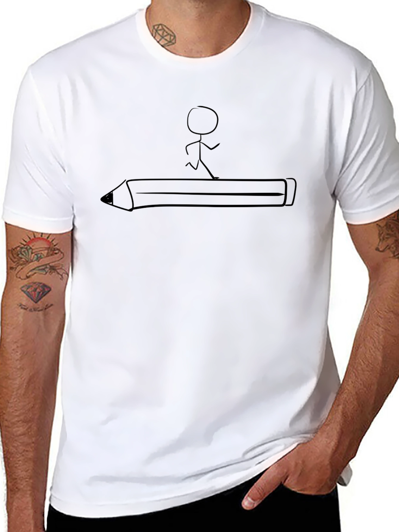 Stick Figure Running on Pencil Black T-Shirt