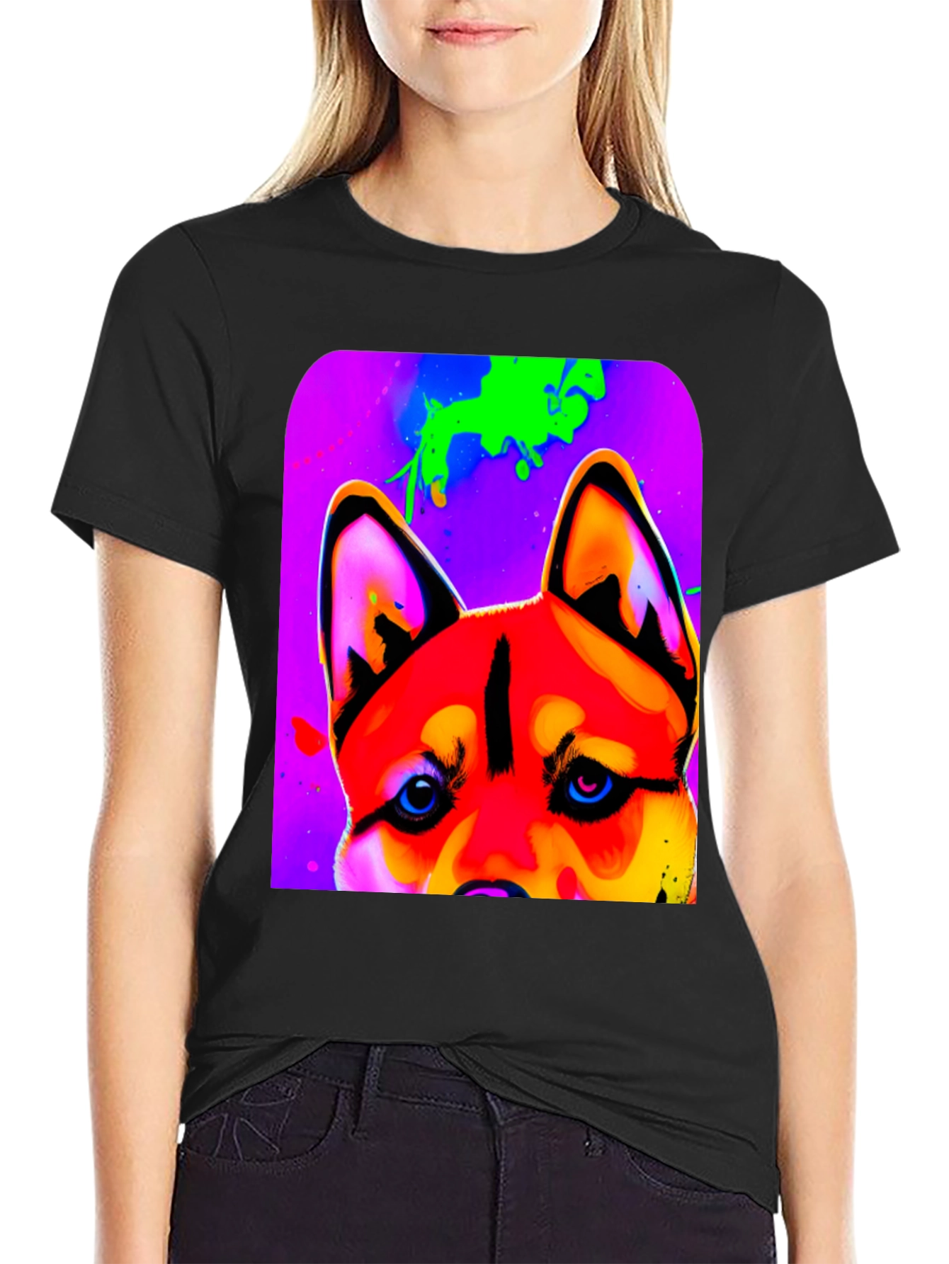 Vibrant Dog Graphic T-Shirt - Artistic Animal Print
