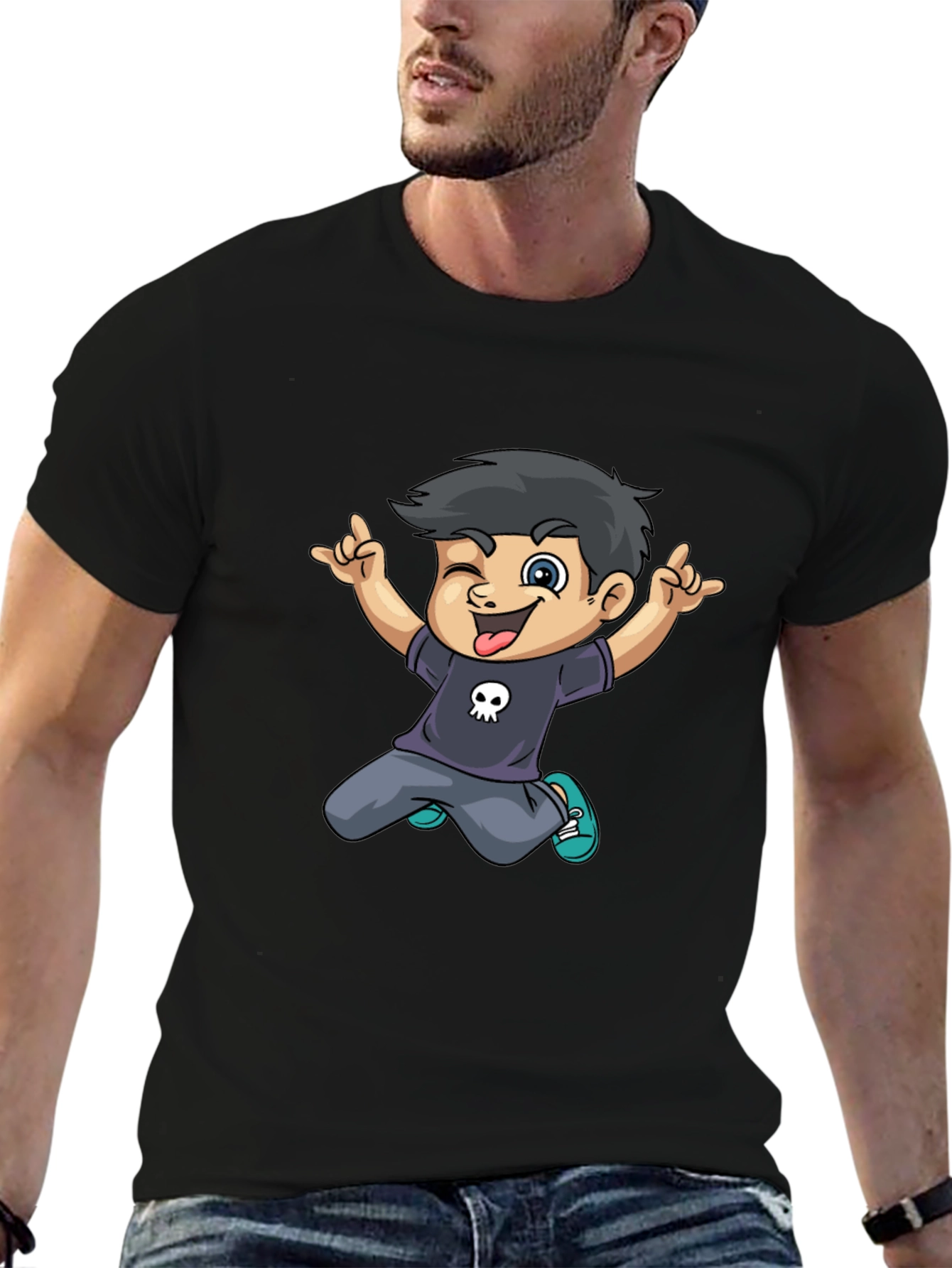 Cartoon Boy Graphic Tee - Black T-Shirt