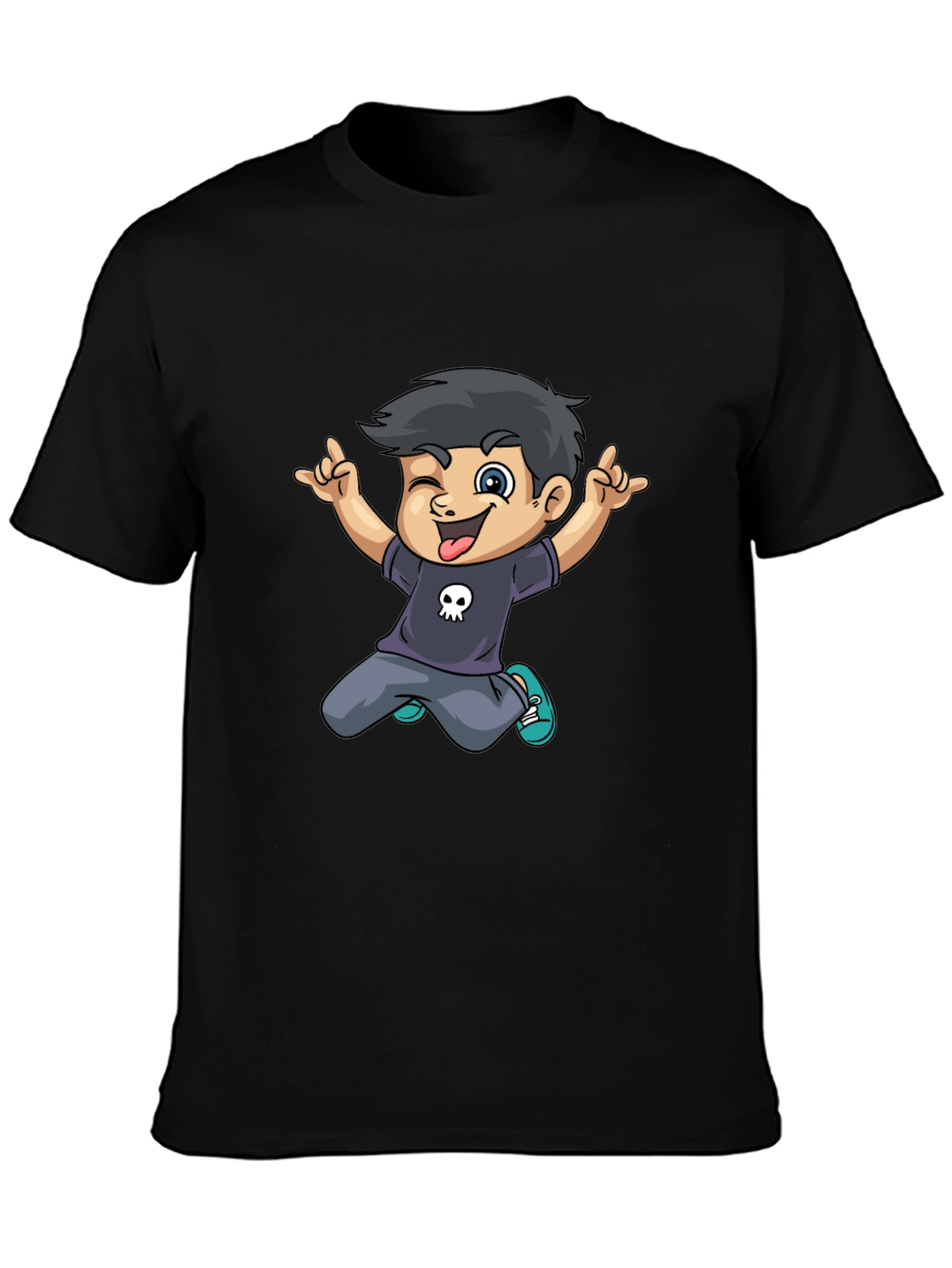 Cartoon Boy Graphic Tee - Black T-Shirt