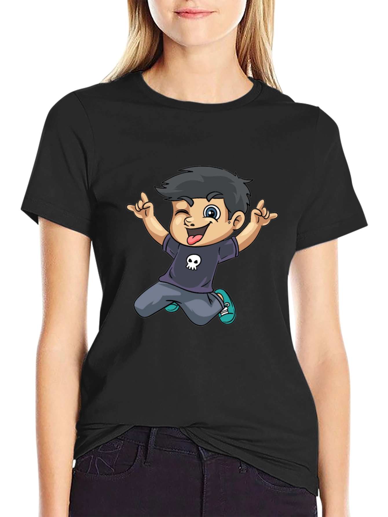 Cartoon Boy Graphic Tee - Black T-Shirt