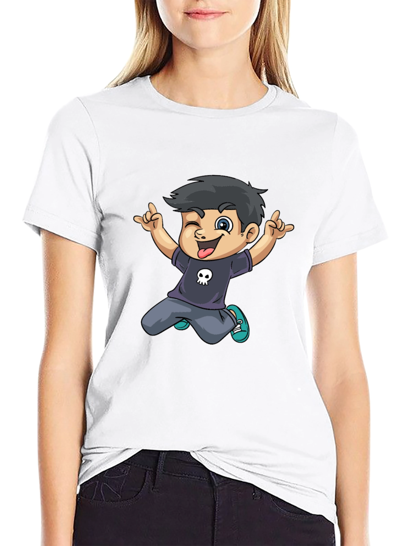 Cartoon Boy Graphic Tee - Black T-Shirt
