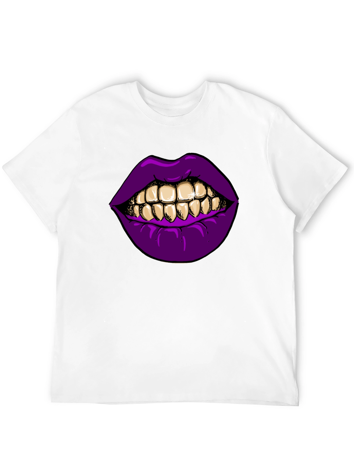 Purple Lips Gold Teeth Graphic Black T-Shirt