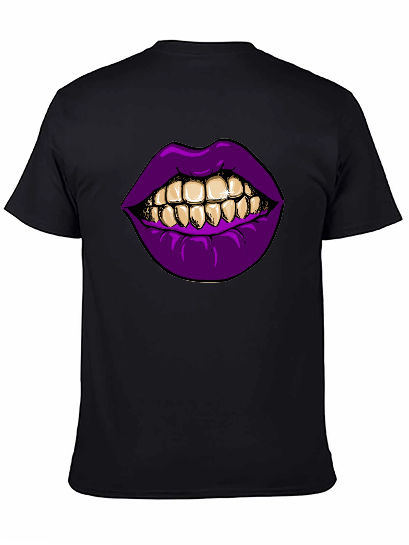 Purple Lips Gold Teeth Graphic Black T-Shirt