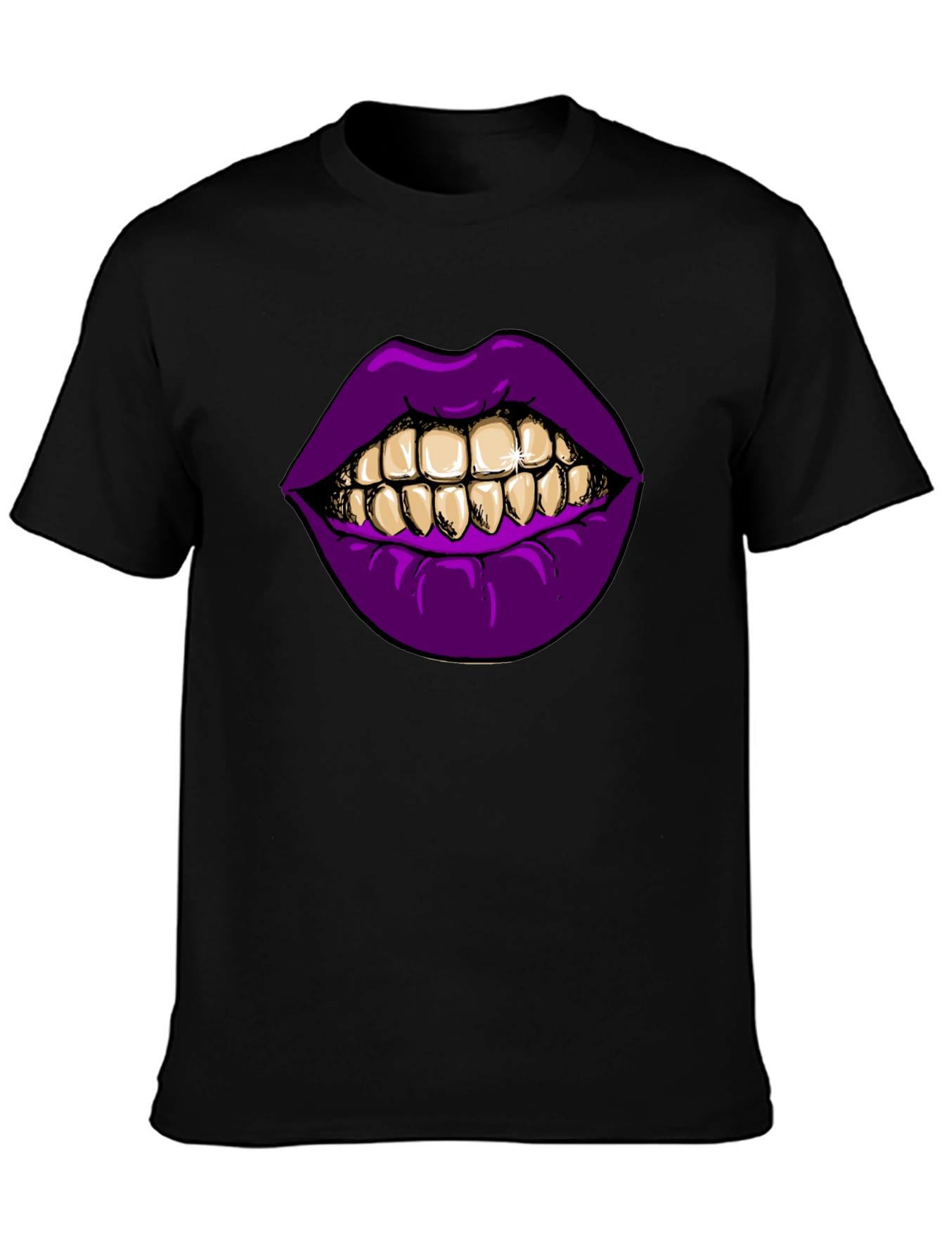 Purple Lips Gold Teeth Graphic Black T-Shirt