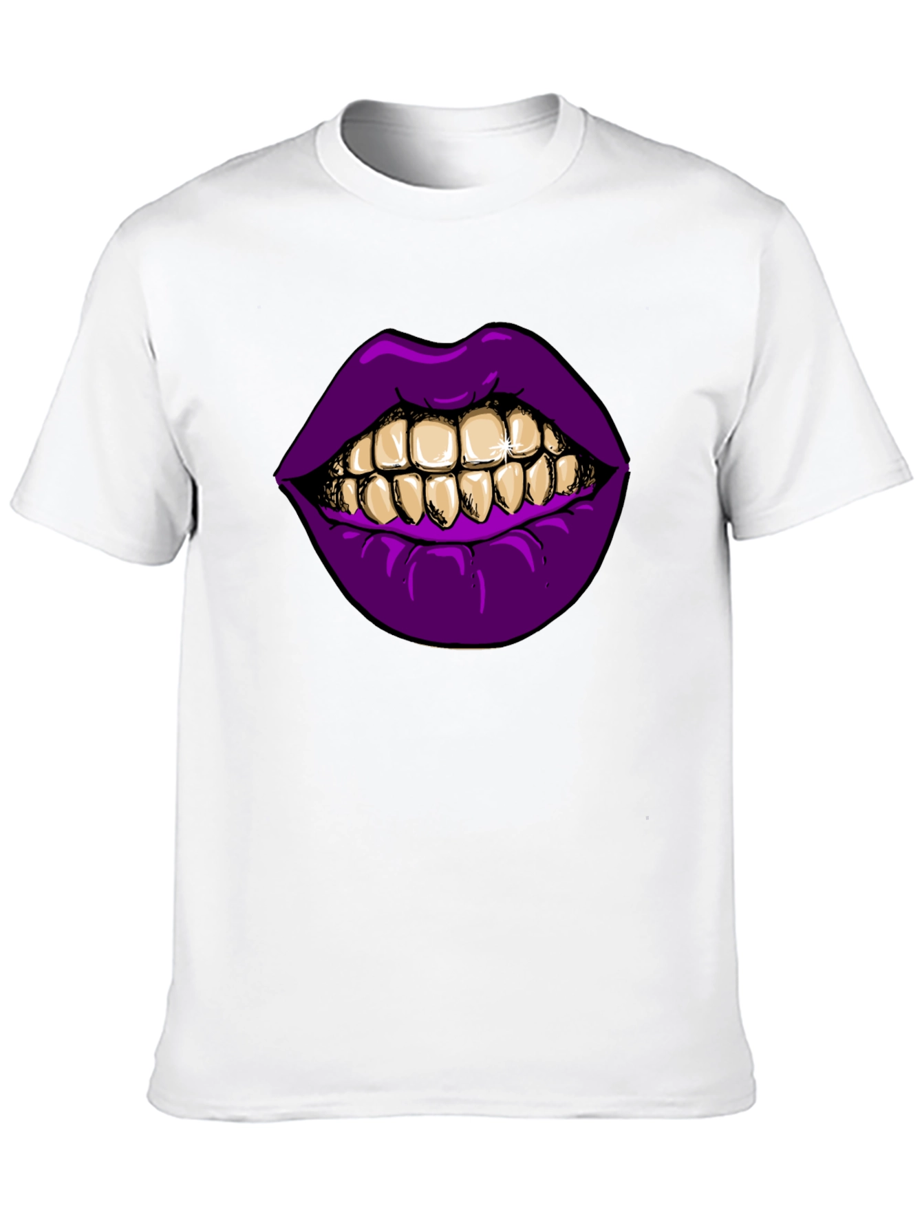 Purple Lips Gold Teeth Graphic Black T-Shirt