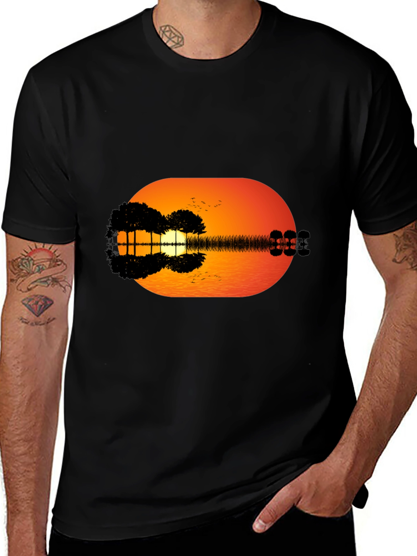 Sunset Guitar Graphic Tee - Black Casual T-Shirt