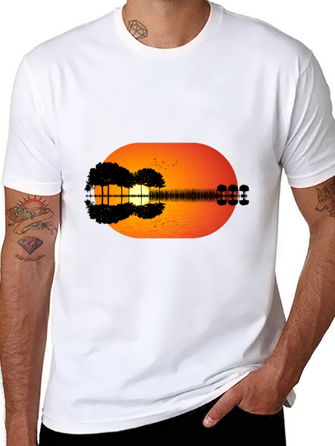 Sunset Guitar Graphic Tee - Black Casual T-Shirt