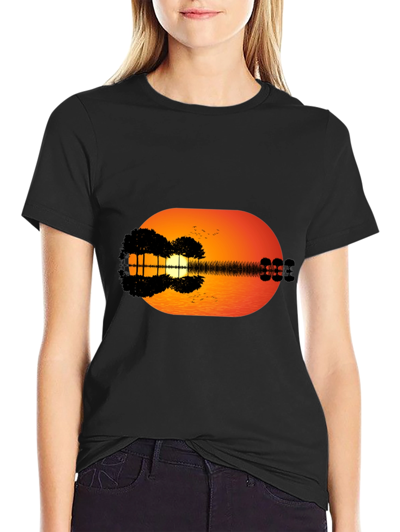 Sunset Guitar Graphic Tee - Black Casual T-Shirt
