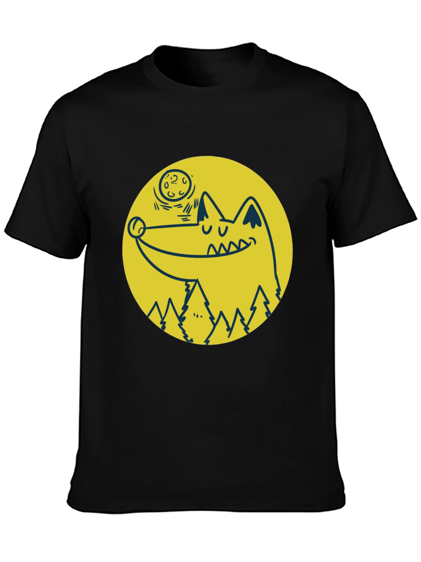 Cartoon Wolf Moon Graphic Black T-Shirt