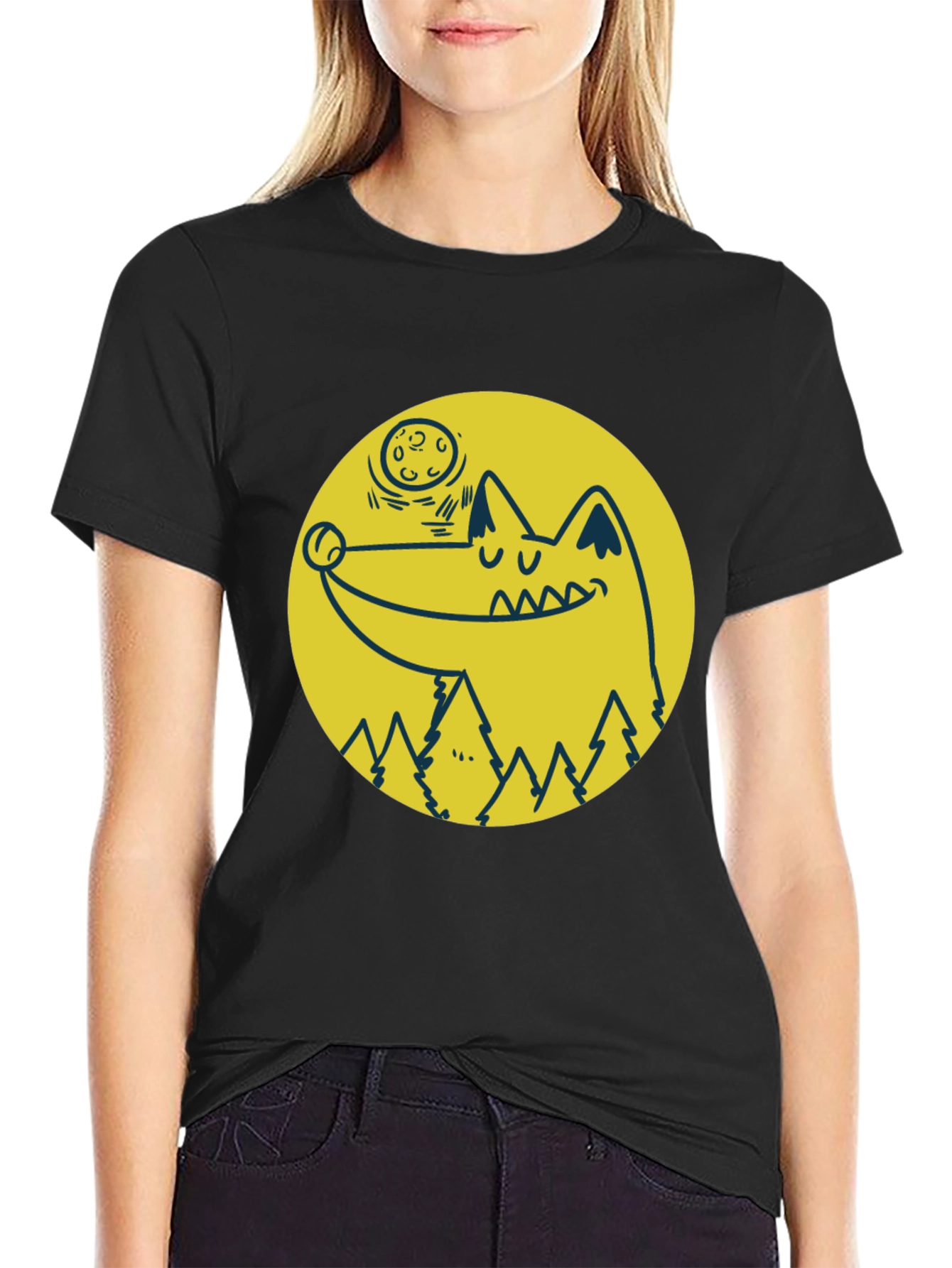Cartoon Wolf Moon Graphic Black T-Shirt