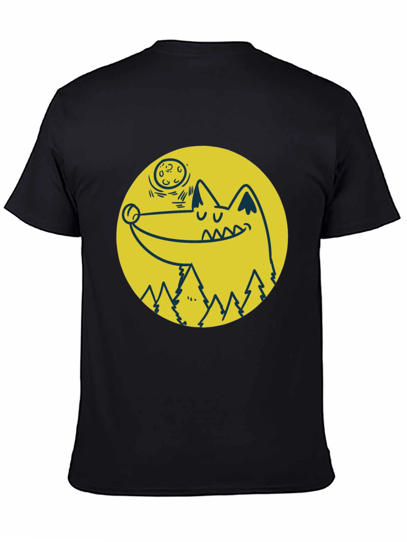 Cartoon Wolf Moon Graphic Black T-Shirt