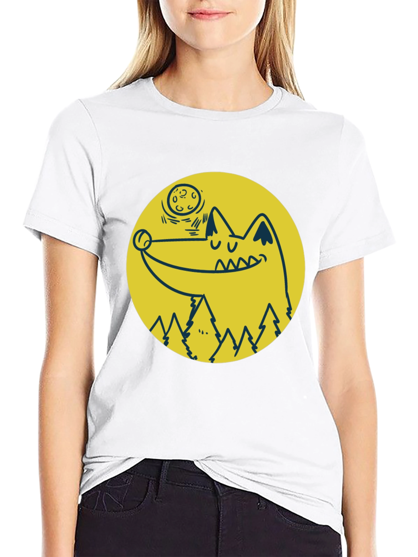 Cartoon Wolf Moon Graphic Black T-Shirt