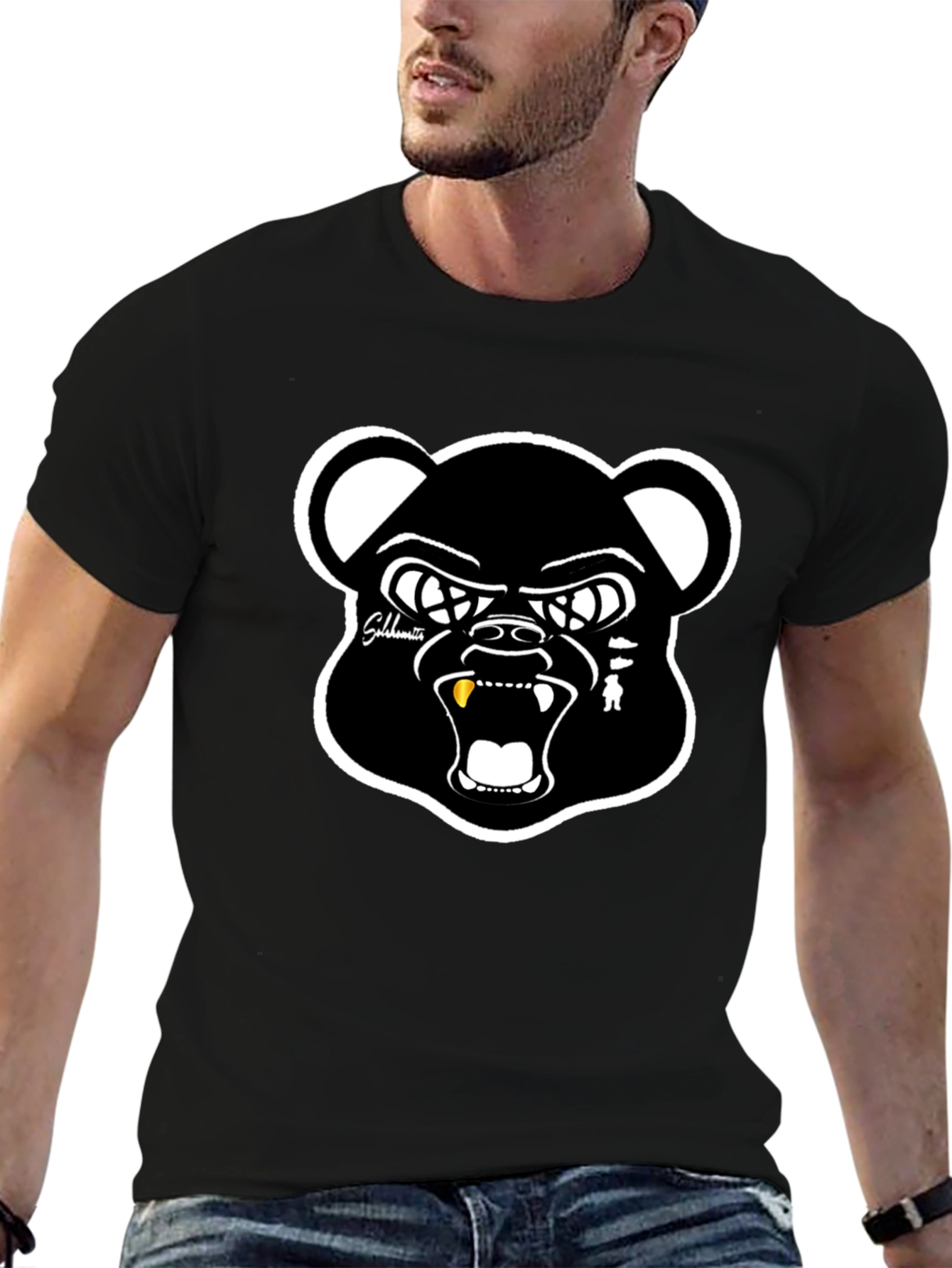 Mens Black Bear Graphic Print Crew Neck T-Shirt