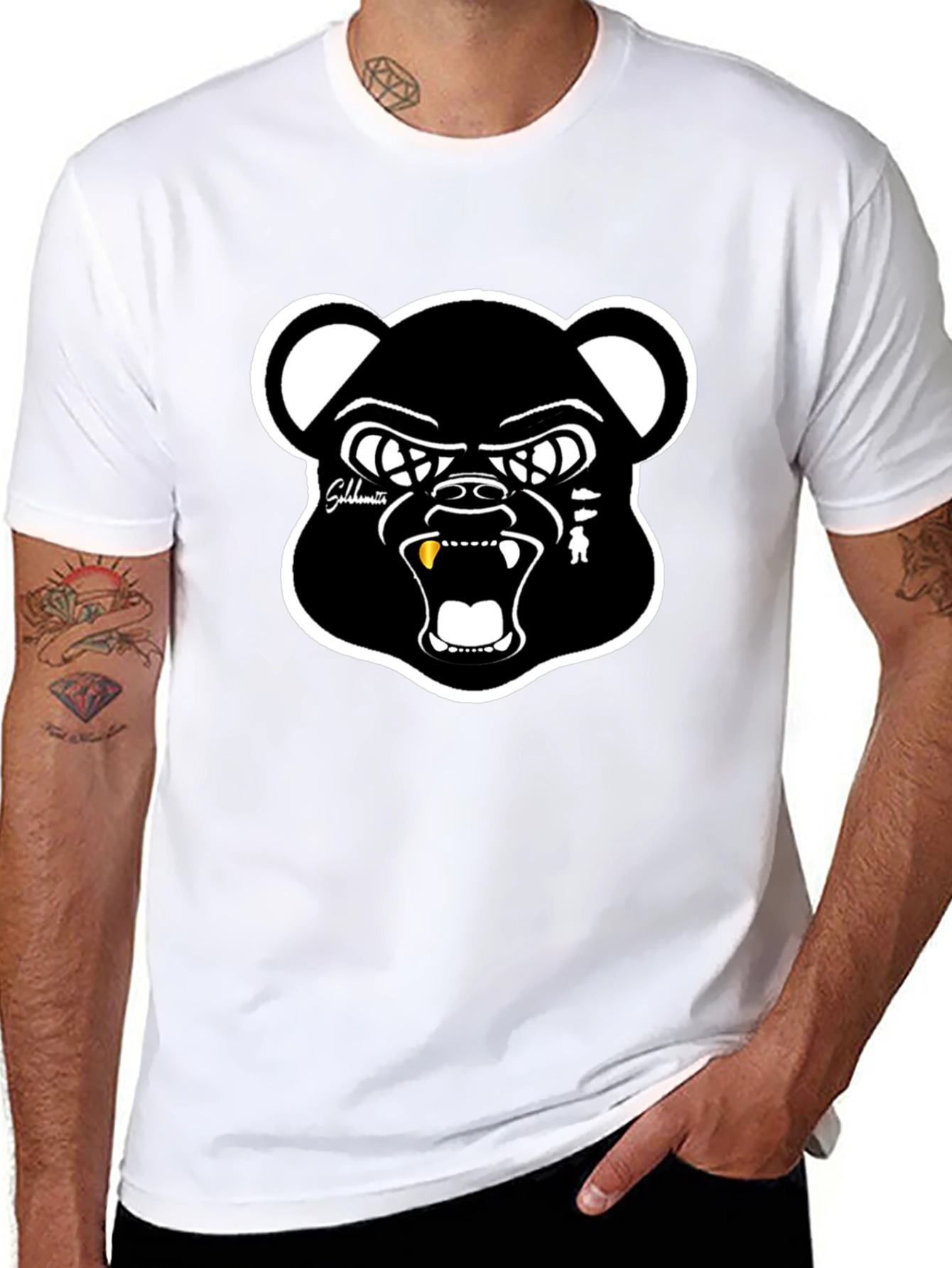 Mens Black Bear Graphic Print Crew Neck T-Shirt