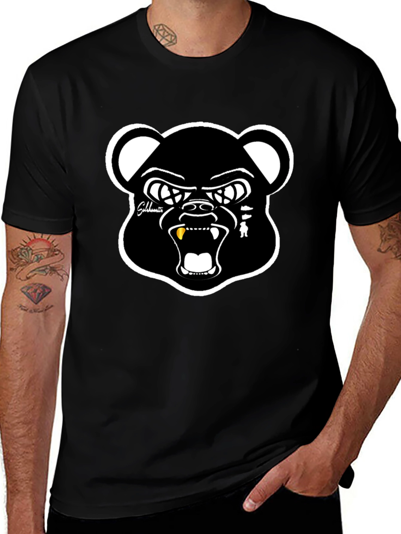Mens Black Bear Graphic Print Crew Neck T-Shirt