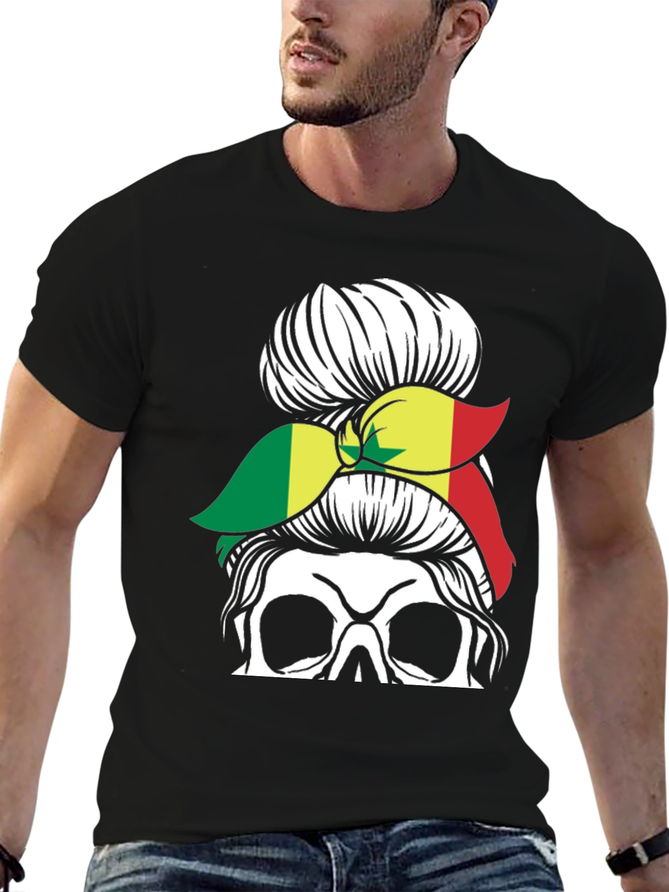 Skull Messy Bun Senegal Flag T-Shirt