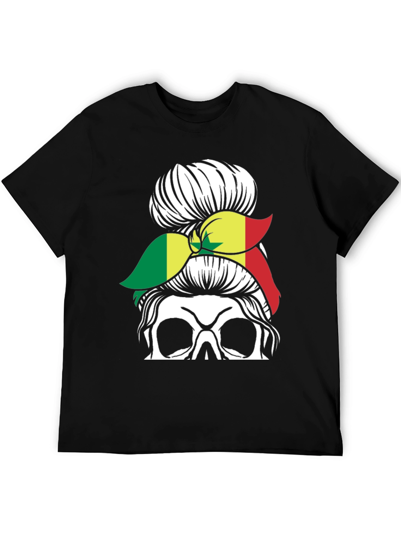 Skull Messy Bun Senegal Flag T-Shirt