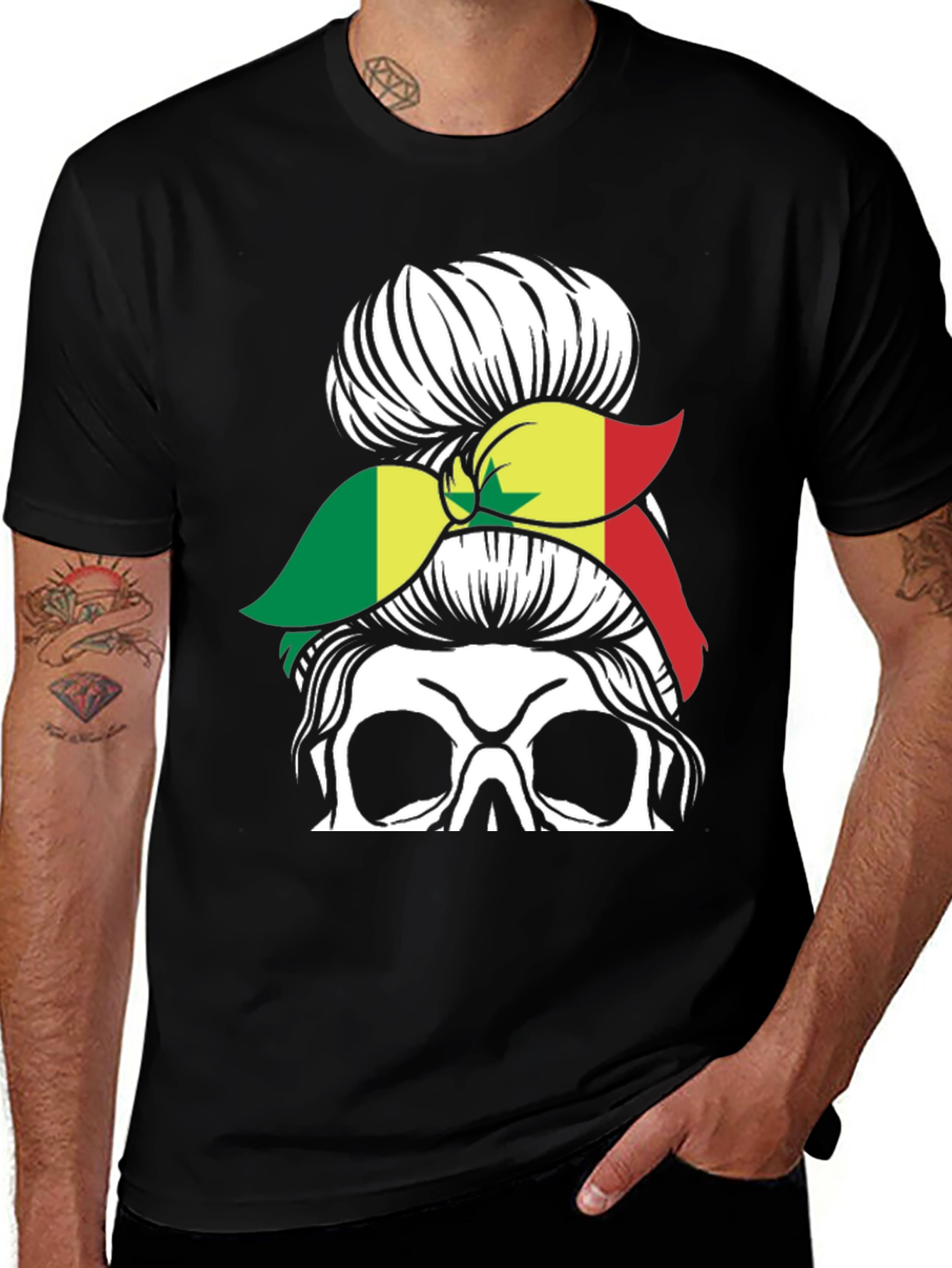 Skull Messy Bun Senegal Flag T-Shirt