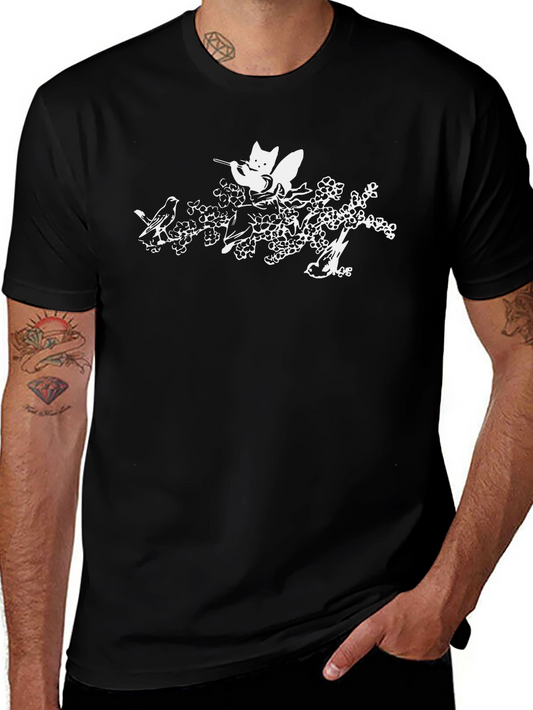 Cat & Birds Tee - Black Graphic T-Shirt